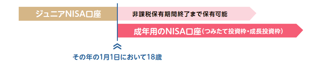 ジュニアNISA口座 非課税保有期間終了まで保有可能 成年用NISA口座（つみたて投資枠・成長投資枠） その年の1月1日において18歳